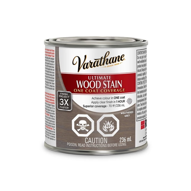 Varathane Ultimate Oil Base Weathered Grey Wood Stain 236 mL can offering one coat coverage and fast drying in one hour, ideal for superior interior wood finish on furniture, doors, and floors without pre-stain conditioning, enhanced with nano pigments and soy oil base.