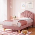 thumbnail image 1 of Bingirl Pink Twin Bed Frame with Shell Headboard: Strong Wooden Slat Support, No Truss Needed, 1 of 7