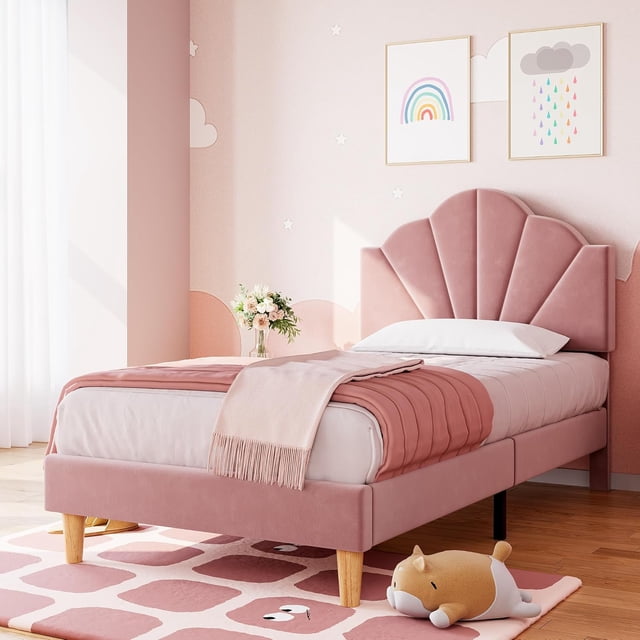 Bingirl Pink Twin Bed Frame with Shell Headboard: Strong Wooden Slat Support, No Truss Needed