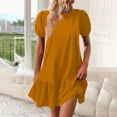 LOVZFMLL Robe Décontractée pour Femme, Couleur Unie, Élégante à Volants, Manches Bouffantes, Jaune, m