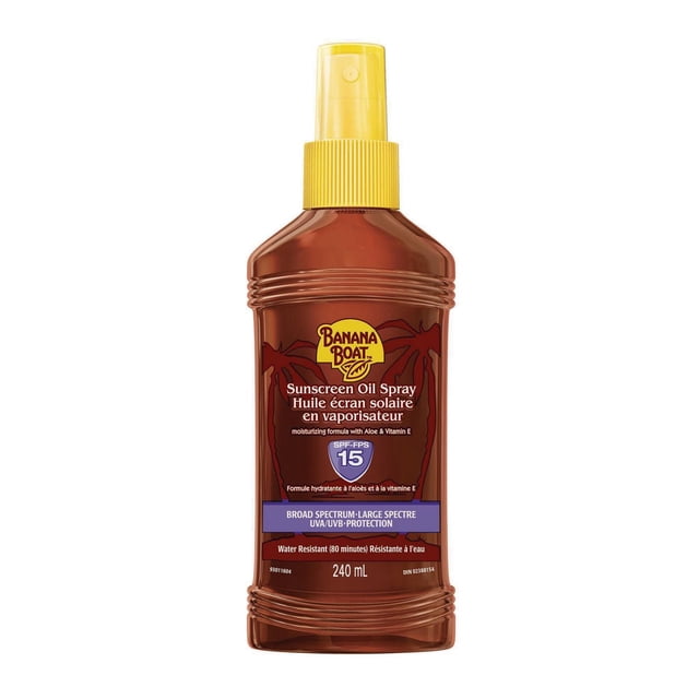 Banana Boat Vaporisateur d'Huile Écran Solaire Fps 15 dans une Bouteille en Plastique Brune de 240 ml avec Embout de Pulvérisation Jaune, Offrant une protection à Grand Spectre contre les Uv/uvb et une Résistance à l'Eau de 80 Minutes. Contient de l'Aloès Hydratant et de la Vitamine E, Convient aux Soins du Corps contre le Soleil.