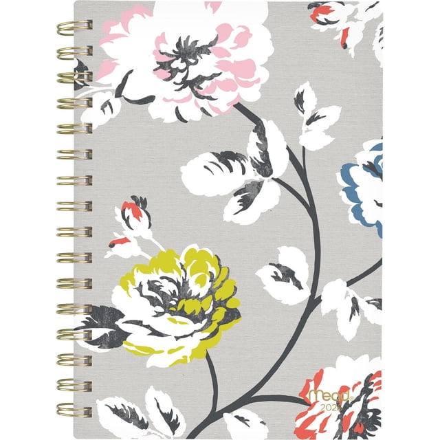 2026 Mead® Greyson Floral Small Weekly Clear Poly Cover Planner featuring a durable clear poly cover with a grey background and multicolour floral design of large white, pink, yellow, blue, and red flowers with black stems and leaves, twin gold coil binding on the left, and gold Mead logo on the bottom right, suitable for detailed weekly and monthly scheduling.