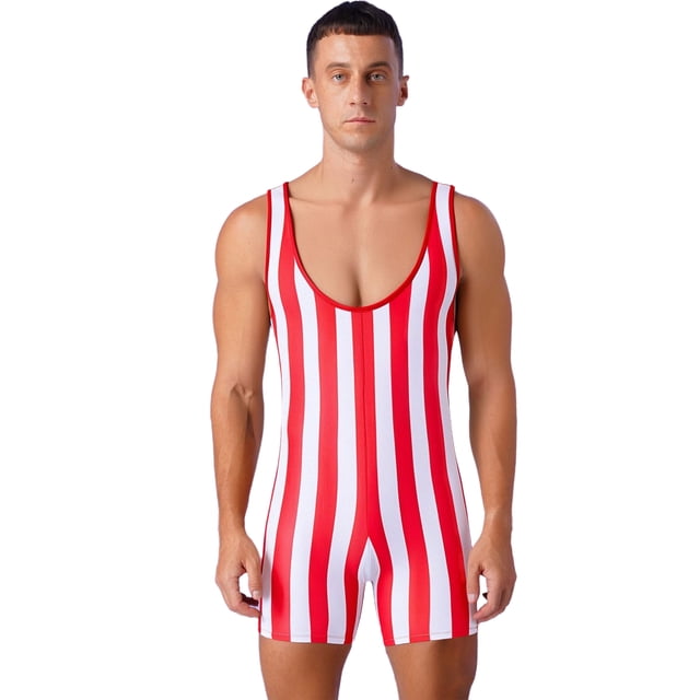 XUNZOO Costume pour Homme Fort, Combinaison Débardeur de Lutte à Rayures, Body de Cirque, Costume Musculaire pour Rouge&Blanc 3TG