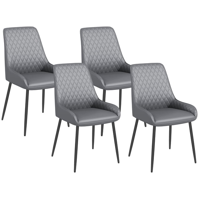 HOMCOM Dining Chairs Set of 4 in grey PU leather with diamond tufting and gently curved seats. Each chair features foam padding for comfort, powder-coated steel legs for stability, and plastic foot pads to protect floors. Modern design suitable for dining rooms, offices, or living spaces.