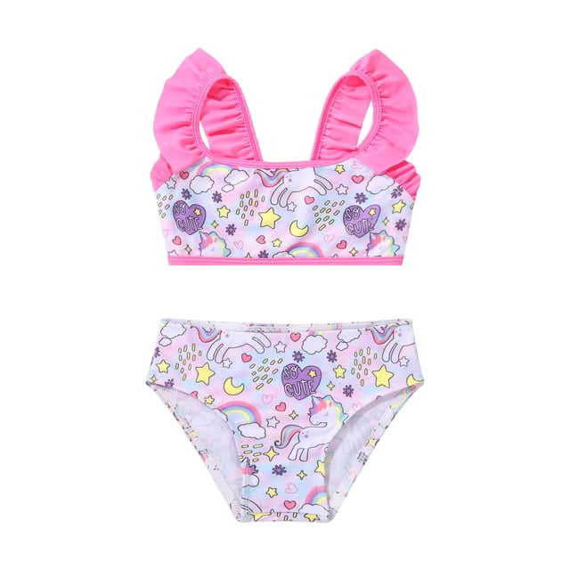 Rswnyirn Little Girls Mermaid 2 Pcs Swimsuits Fishscale Printed Ruffles Straps Swim Top with Bikini Brief Pegasus Colorful 8