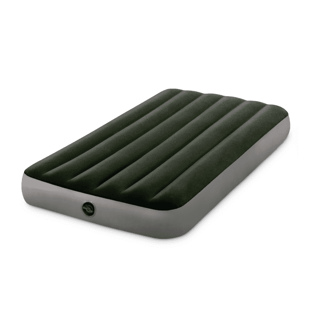 INTEX Matelas Pneumatique Prestige Dura-Beam Double de 10 Pouces avec Pompe à Batterie, Présenté en Vue Inclinée aux 3/4 avec Dessus Velouté Vert Foncé et Côtés Gris Pâle, avec Chambres à air Horizontales et valve avant, Comprend une Pompe à Batterie Portative pour un Gonflage Rapide, Conçu pour une Utilisation en camping Intérieur et Extérieur avec une construction en Fiber-Tech durable et une Capacité de Charge de 300 lb.