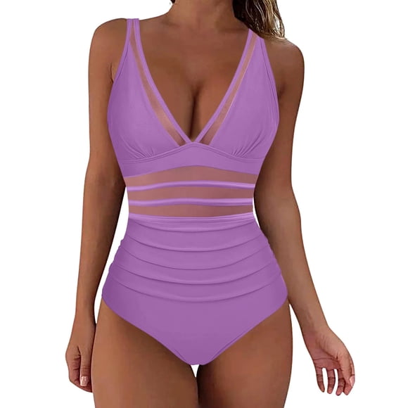 Wiyuqeen Mash Patchwork Swimsuits Women One Piece Summer Sheer Bathing Suits Tummy Control Bikini Beachwears Solid Color V Neck Monokinis