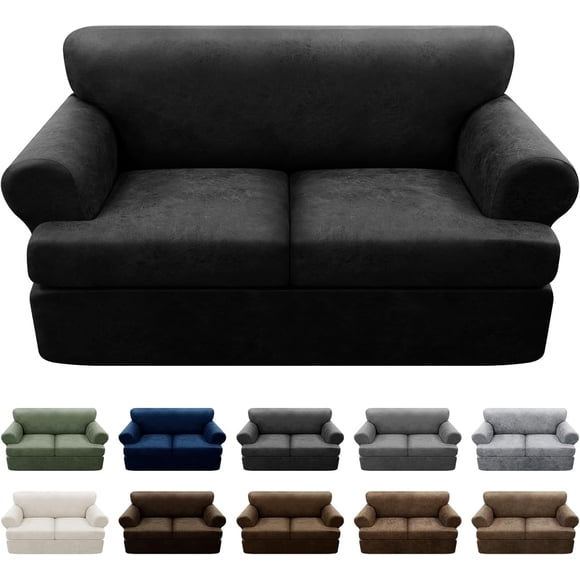 3-Pieces T Cushion Loveseat Slipcovers Leather Look Couch Cover Loveseat Covers for 2 Cushion Couch Furniture Protector Stretch Sofa Cover with 2 Individual T Cushion Seat Covers, Black