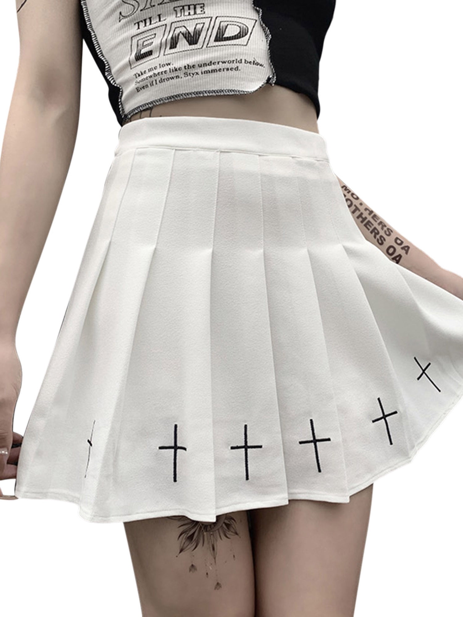 Gupgi Jupe Mini Gothique Punk Taille Haute pour Femmes, Jupe Mini Plissée à Motif Croisé