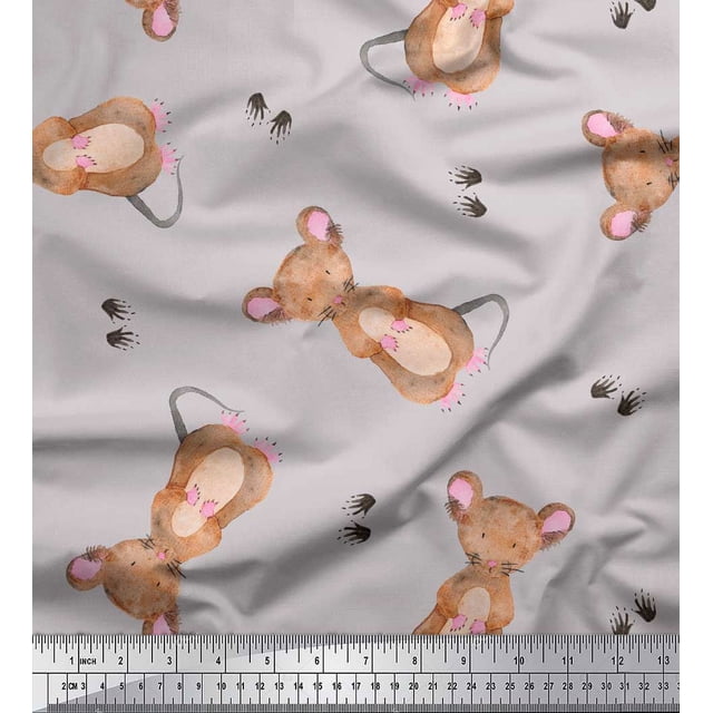 Soimoi Gray Poly Georgette Fabric Footprints & Mouse Kids Printed Fabric 1 Yard 42 Inch Wide