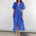 thumbnail image 3 of Mikilon Robes d'Été pour Femmes Ensemble Jupe Aguichant Robe à Carreaux à Manches Courtes Lanterne Aguichant à Col en V Profond Robes Gaine Mode Décontractée Taille Haute Unie Robe de Soirée avec Fente Bleu-B L, 3 of 6