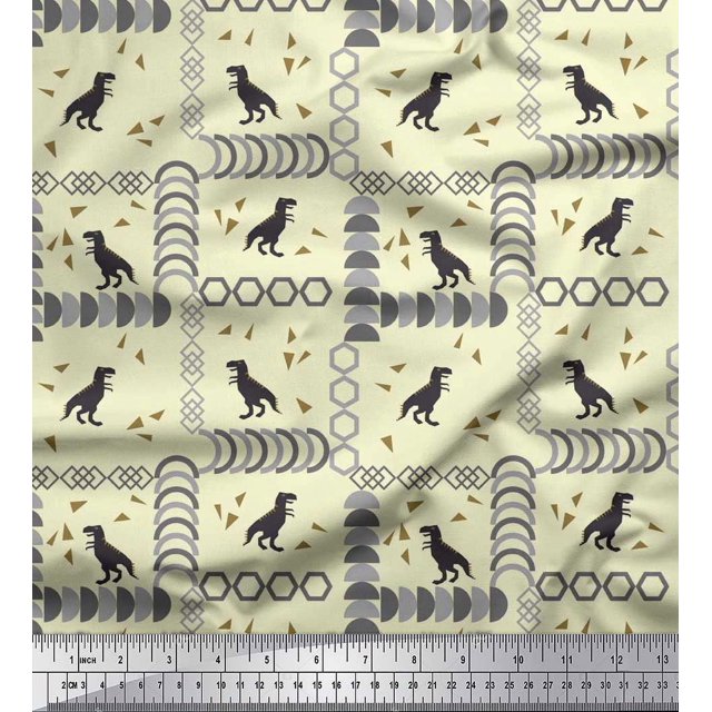 Soimoi Satin Silk Fabric Geometric Shapes & Dinosaur Animal Print Sewing Fabric Yard 42 Inch Wide