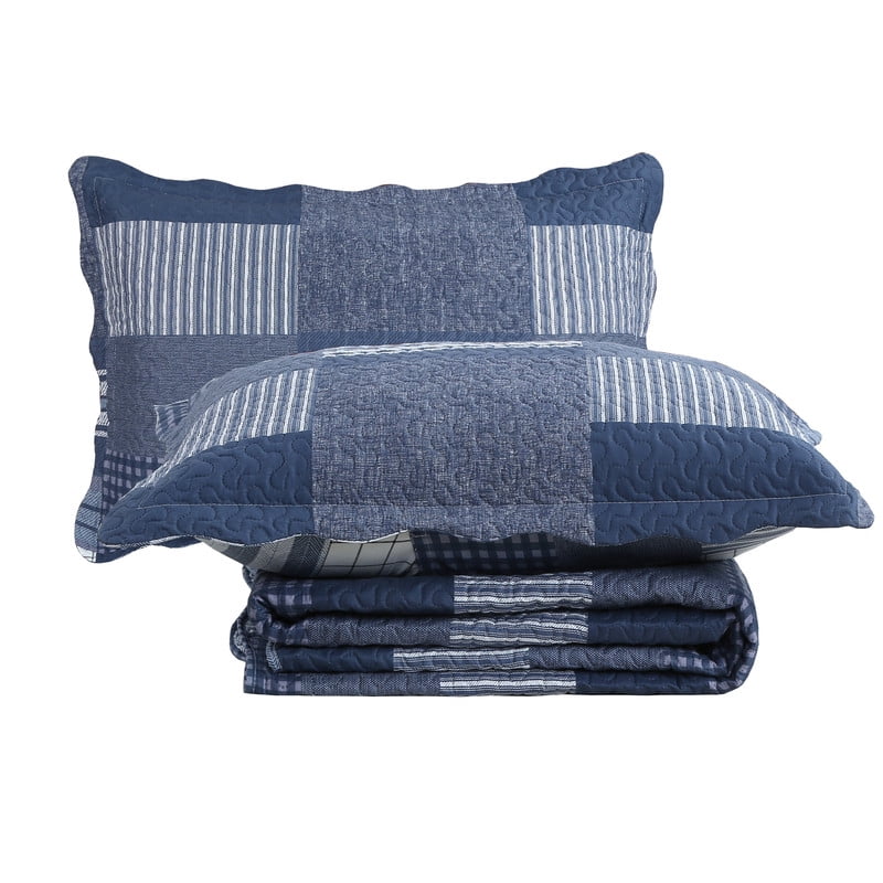 Marina Decoration Rich Printed Embossed Pinsonic Coverlet Bedspread Ultra Soft Home Bedding 2 Piece Summer Quilt Set with 1 Sham, Navy White Plaid Pattern Twin/Single