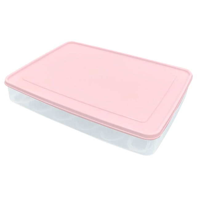Deviled egg container with lid in a pink color, designed for storing and transporting up to 24 eggs. Made of durable food-grade plastic, it features individual egg slots to prevent cracking and breaking. The lightweight and compact design is suitable for refrigerators, parties, picnics, and camping. The container measures approximately 30 x 23 x 4.5 cm and includes a dust-proof lid for freshness and stackable storage.