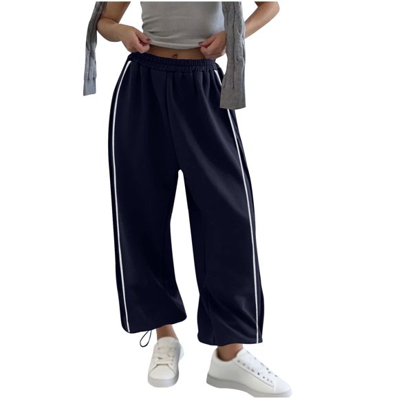 QIbmong Sweatpants Women Loose Fitted Adjustable Hem Track Pants Elastic High Waist Streetwear Casual Joggers with Pockets(XL,Navy)