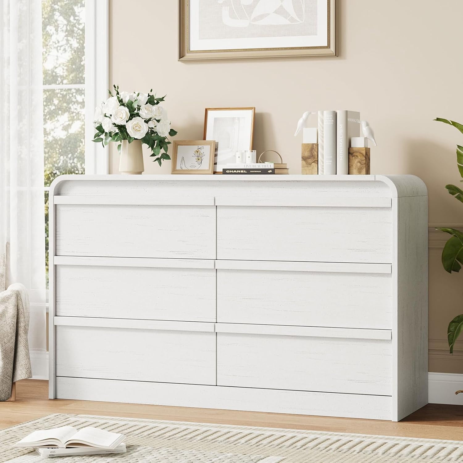 47" Wide Arched 6 Drawer Dresser for Bedroom, Wooden Chest of Drawers with Curved Profile Design, Modern Closet Storage Organizer for Living Room, Entryway & Nursery, White