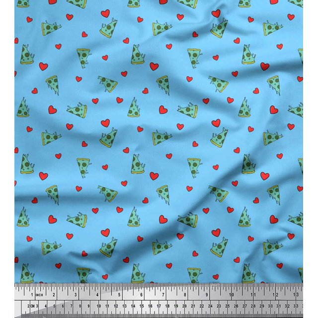 Soimoi Polyester Crepe Fabric Heart & Pizza Slice Food Print Sewing Fabric Yard 52 Inch Wide