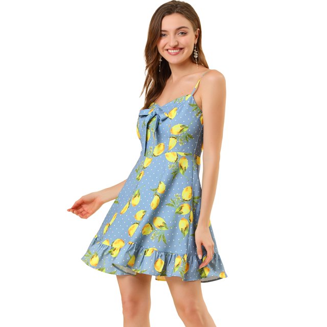 INSPIRE CHIC Robe à Pois Citron pour Femme à Bretelles Spaghetti avec Nœud