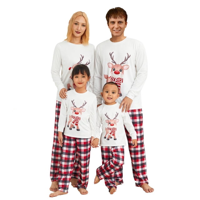 Family Christmas Elk Pattern Round Neck Long Sleeves Pajamas Trousers