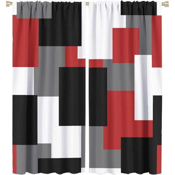 Red Black Grey Geometric Blackout Curtains, Abstract Plaid Square Pattern Rod Pocket Drapes for Bedroom Living Room Kitchen Decor 53"W x 63"L (Pack of 2)