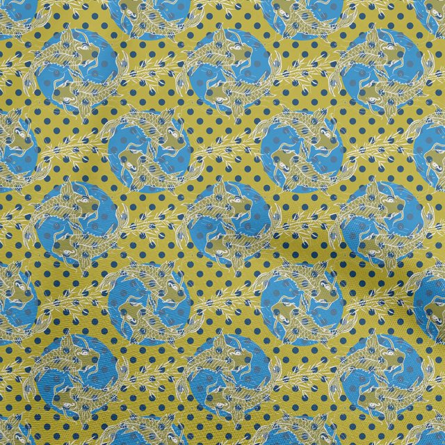 oneOone Polyester Spandex Lime Green Fabric Asian Japanese Koi Fish Fabric For Sewing Printed Craft Fabric By The Yard 56 Inch Wide