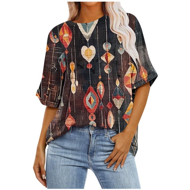 Pisexur Hauts pour Femmes Mode Décontractée Manches Courtes Col Rond T-Shirts Confortables Amples Imprimé Floral Blouses Printemps Été Hauts Élégants Imprimés Graphiques Grandes Tailles Tops de Sortie S-5TG