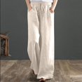 thumbnail image 2 of Pantalon Grand en Lin pour Femmes, Taille Élastique à Cordon, Palazzo Décontracté avec Poches, 2 of 6