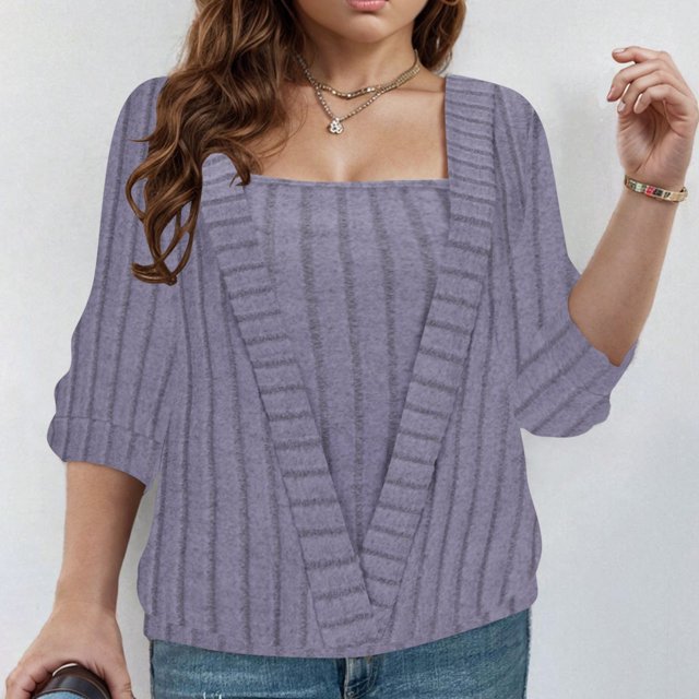 RXIRUCGD Haut pour Femme à Rayures Uni à Col en V à Manches Longues Faux Deux-Pièces, Violet, Taille : L