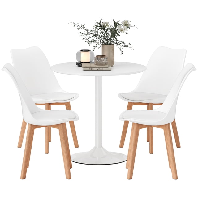 HOMCOM Ensemble de Table à Manger Ronde avec Piédestal, Ensemble Table et Chaises de Cuisine Blanc avec Piédestal Rond (31,5 Pouces de Diamètre x 29,5 Pouces de Hauteur / 80 x 75 cm) avec Quatre Chaises Ergonomiques avec Pattes en Bois de Hêtre, construction en MDF et Acier; Chaises à Rentrer sous la Table pour Économiser de l'Espace; Idéal pour les Petits Espaces de Salle à Manger, cafés Ou comme surface Compacte pour la Maison et le Bureau.