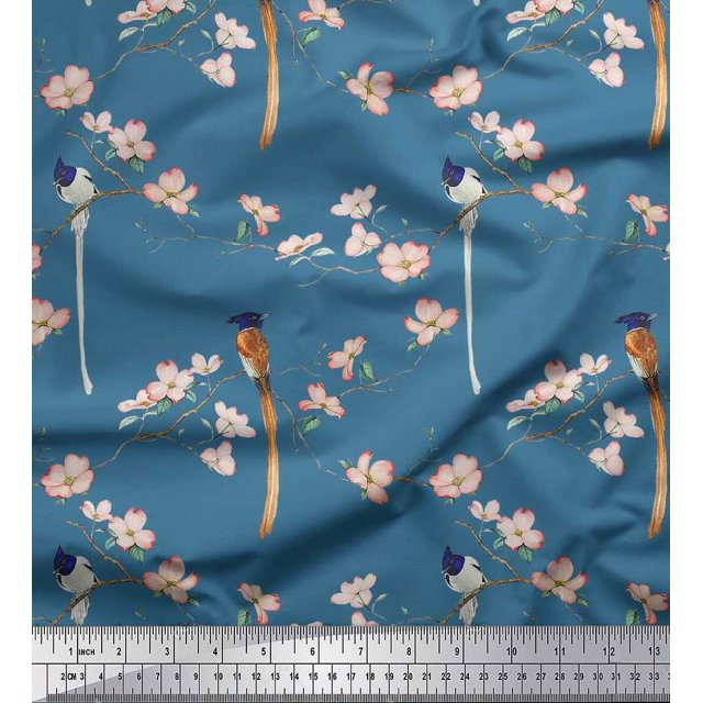 Soimoi Rayon Fabric Leaves,Floral & Paradise Flycatcher Bird Decor Fabric Printed Yard 42 Inch Wide