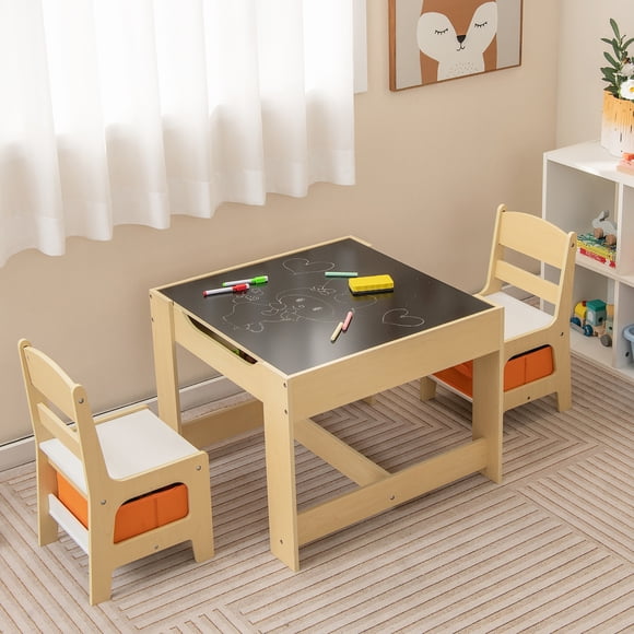 Gymax Children Kids Table Chairs Set With Storage Boxes Blackboard Whiteboard Drawing
