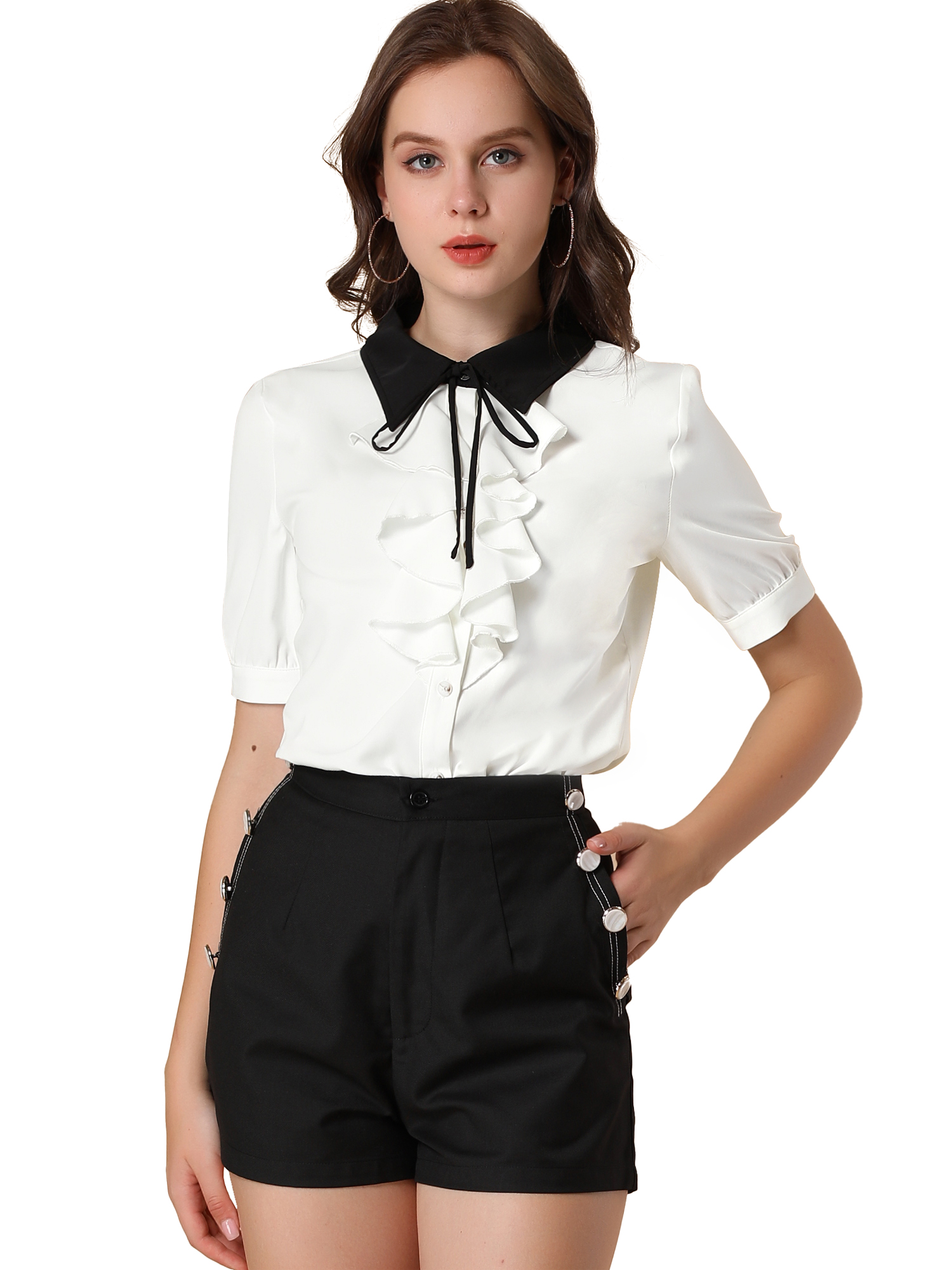 INSPIRE CHIC Chemise de Travail pour Femme à Col Contrastant, à Nouer, à Volants sur le devant, à Boutons, à Manches Courtes, P Blanc