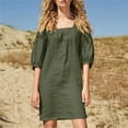 thumbnail image 2 of Mrat Robe Femme en Coton et Lin Vêtements Décontractés Couleur Unie Encolure Carrée Manche Mi-Longue Robe Ample Courte P-42 Vert G, 2 of 4