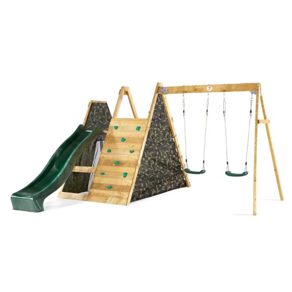 Pyramide d’escalade Plum® pour enfants avec balançoire, glissoire de 8 pi, mur d’escalade, fort camouflage, bois certifié FSC issu de sources durables, sécurité certifiée