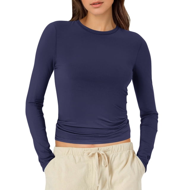 T-Shirts pour Femmes à Manches Longues T-Shirt à Manches Longues pour Femmes Chandail de Course Col Montant Chandails pour Femmes Col Rond Crop Top Hauts pour Femmes Spandex T-Shirt pour Dames Hauts T-Shirt Basique Uni Coton pour Femmes Long