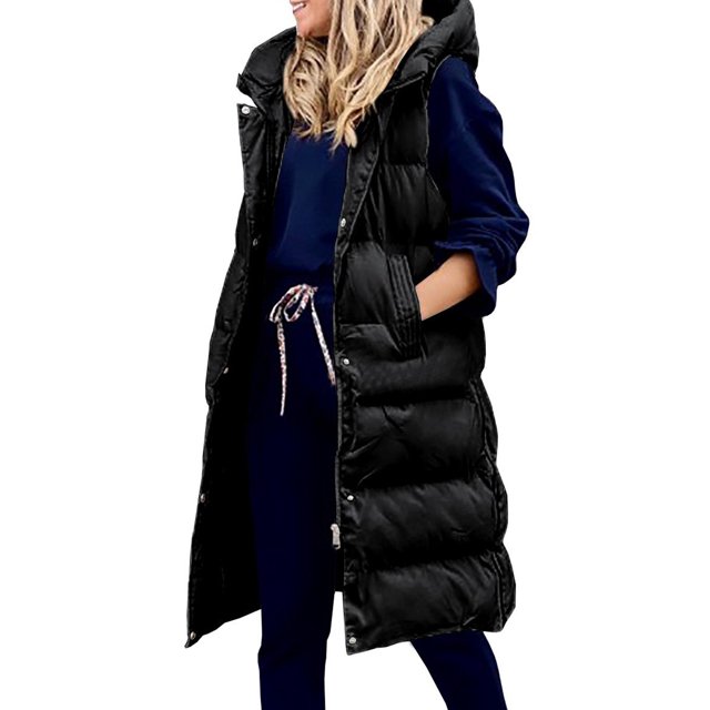 Innerwin Gilet Sans Manches à Capuche pour Femmes, Veste de Voyage Mi-Longue Noire G