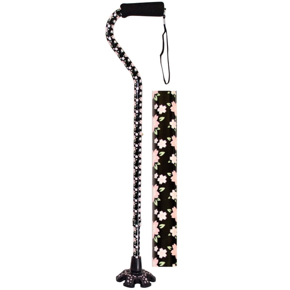 Essential Medical Supply Couture Offset Fashion Cane with Matching Standing Super Big Foot Tip, Pink Floral Style