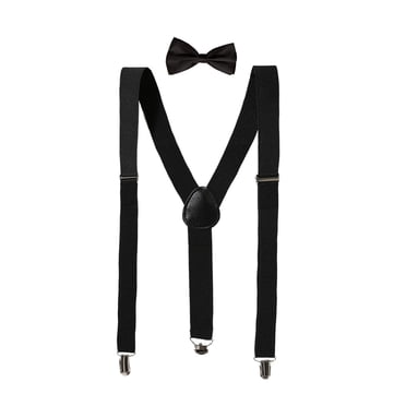 Unique Bargains Unisex Y Shape Elastic Shoulder Strap Adjustable Bow Tie Suspender Set Black Height below 5.3 feet