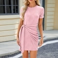 thumbnail image 2 of Dvkptbk Womens Summer Bodycon Dress Solid Color Crew Neck Party Dress Ribbed Slim Fit Ruched Bodycon Casual Mini Dresses, 2 of 7
