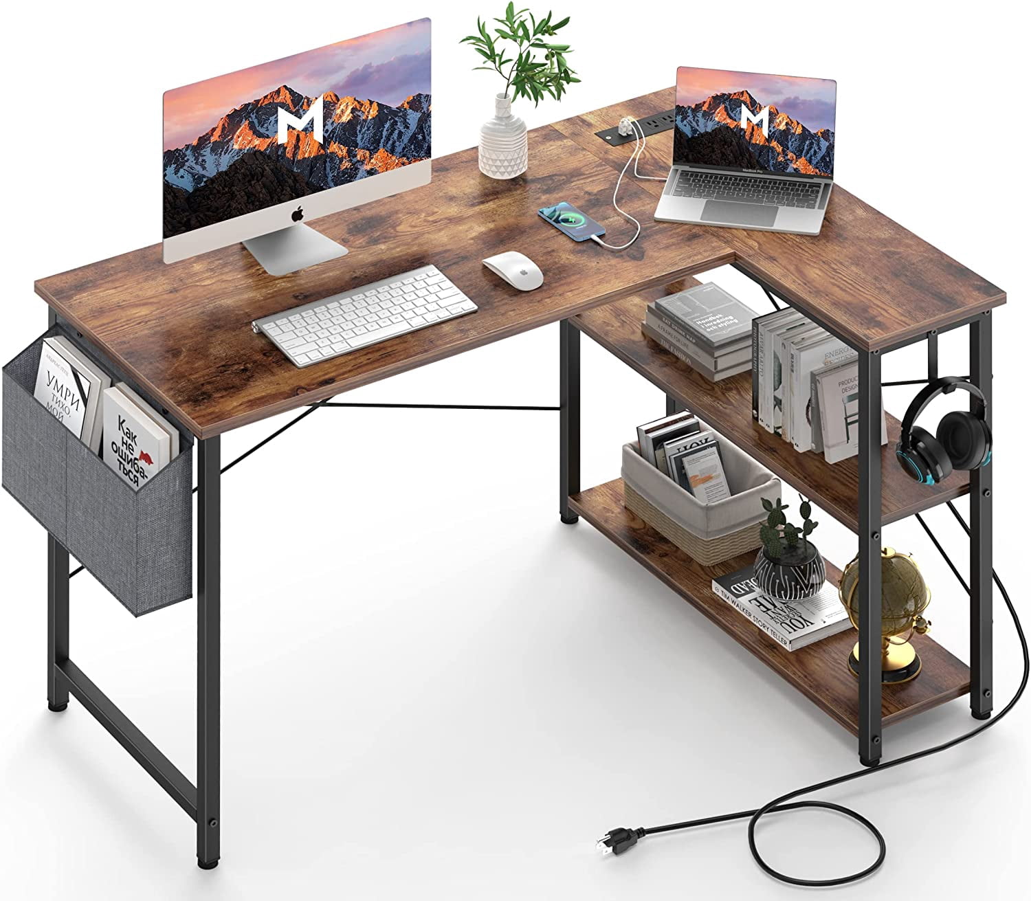 St. Teil L-Shaped Computer Desk with Power Outlet, Corner Office Desk with Storage Shelves, Rustic Brown