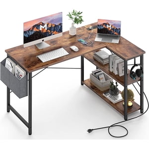 St. Teil Bureau d'ordinateur en forme de L avec sortie d'alimentation, bureau d'angle avec étagères de rangement, Rustic Brown