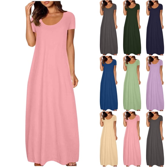 Meichang Maxi Dresses for Women Plus Size Short Sleeve Scoop Neck Summer Dress Beach Vacation Loose Fit Casual Long Dresses with Pockets