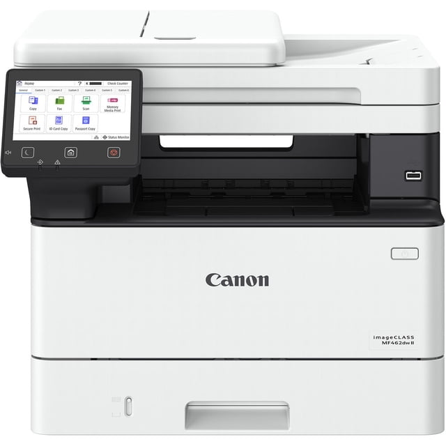 Canon imageCLASS MF462dw II All-in-One Wireless Monochrome Laser Printer with a front-facing white and black design, color touchscreen panel showing copy, fax, scan, and print options, USB port on the right, and paper tray below the Canon logo, ideal for small offices with wireless duplex printing and mobile printing support.