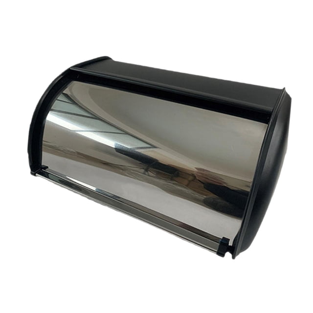 Tnarru Bread Bin with Roll Lid Metal Bread Box in black, featuring a stainless steel construction with a roll-top lid design. Measures 34.5cm x 23cm x 14.5cm (13.58in x 9.06in x 5.71in). Ideal for storing bread, snacks, or other kitchen essentials on the countertop. Multipurpose use for kitchen, bedroom, or bathroom organization.