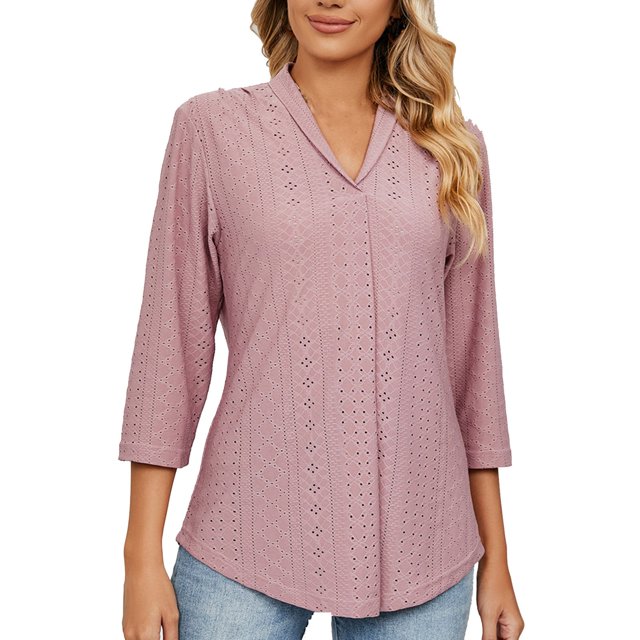 CEHVOM Women's V- Neck Solid Color Three Quarter Sleeve Lapel Tops