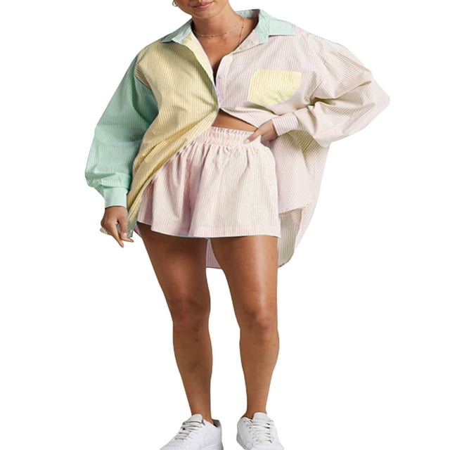 Ensemble d'Été Deux Pièces pour Femmes Chemise Rayée à Manches Longues et Shorts