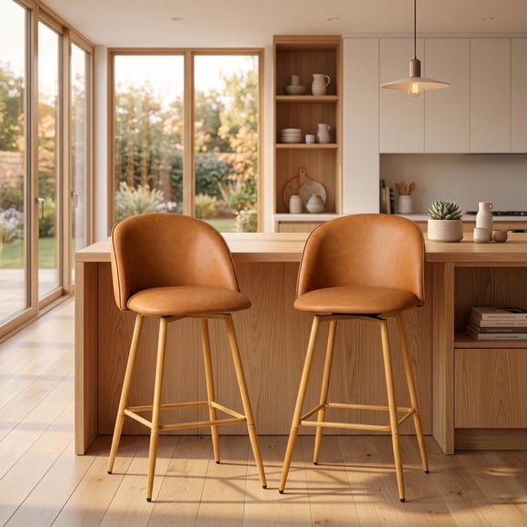 Homy Casa 2-Piece 26'' Counter Bar Stools, Swivel PU Leather Bar Chairs for Kitchen Island, Brown