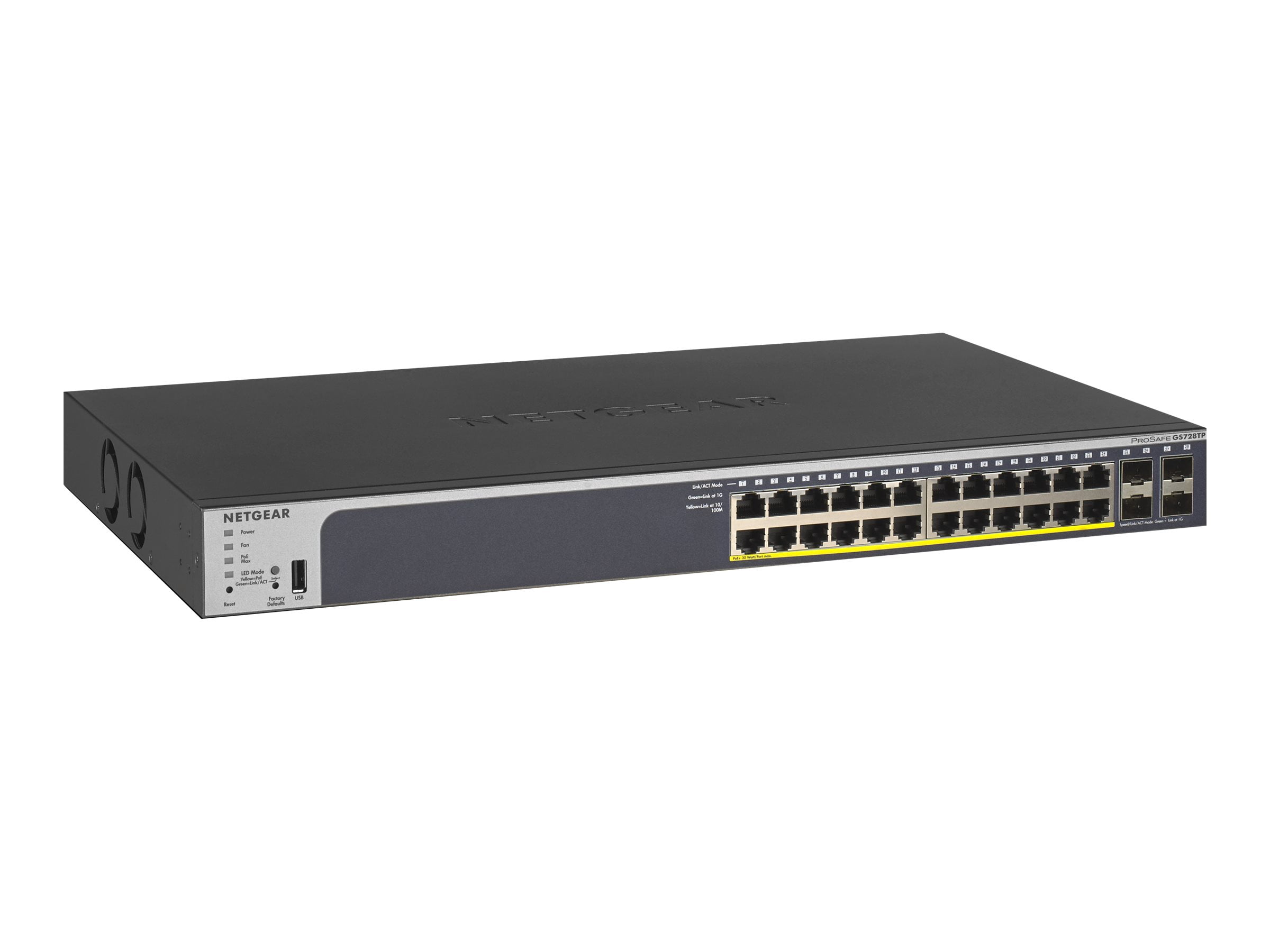 NETGEAR Smart GS728TP - V2 - switch - L3 - smart - 24 x 10/100/1000 (PoE+) + 4 x Gigabit SFP - rack-mountable - PoE+ (190 W)
