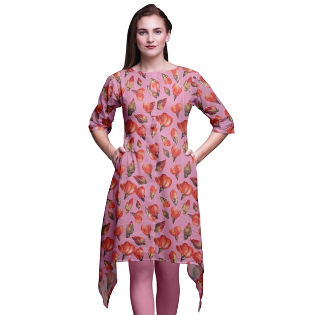 Bimba Kurtas pour Femmes à Imprimé Ethnique Asymétrique avec Boutons Roses et Fleurs de Magnolia, Hauts d'Été pour Femmes XSmall