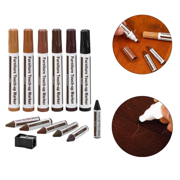 Wood Furniture Repair Markers & Wax Sticks Set | 12 Pack - Scratch Filler Pens - Covers Nicks, Discoloration, Chips | Maple, Walnut, Oak, Mahogany, Cherry, Black | Fix Restore Wood Surfaces |